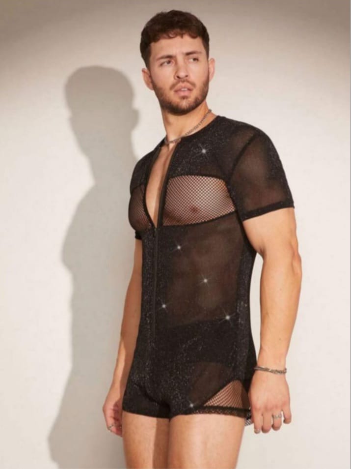 Men's Rhinestone Mesh Sheer V-Neck Zipper Collar Lounge Romper